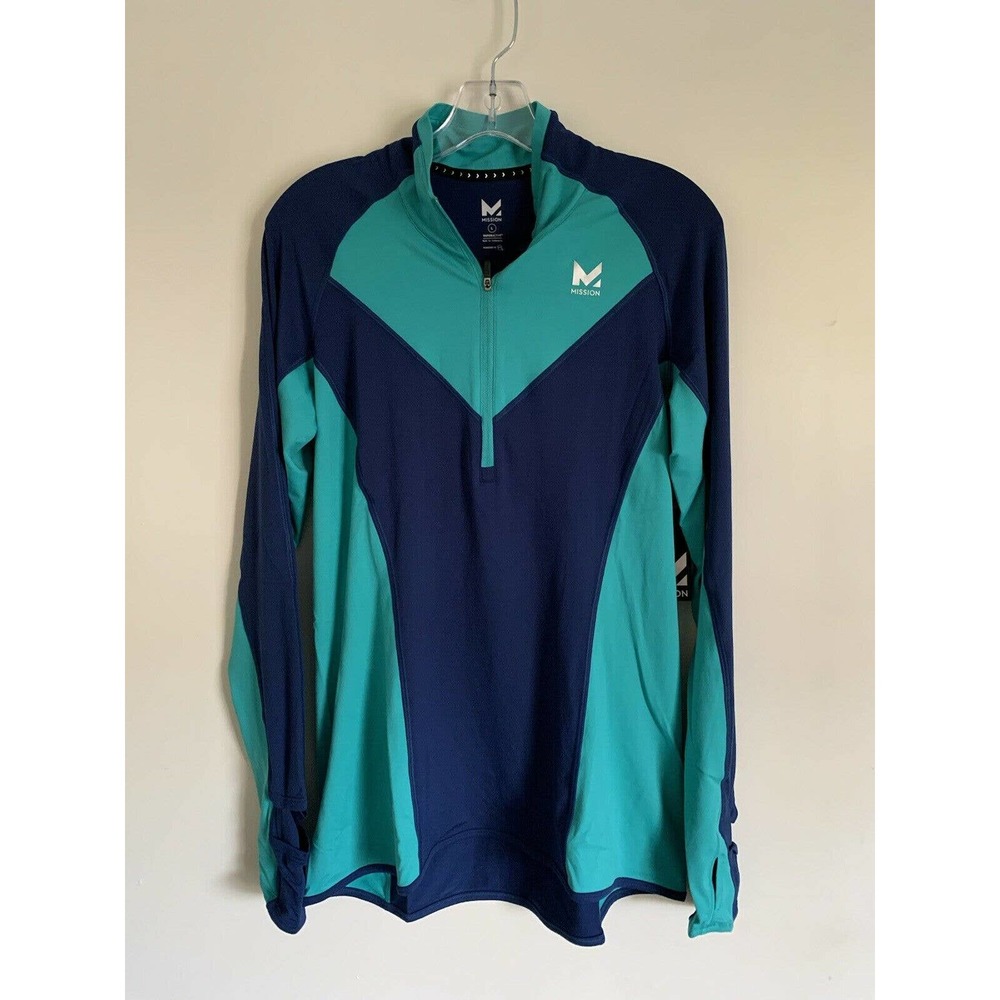 Mission Womens Vapor Active Top Size Large Long sleeve Teal Blue New